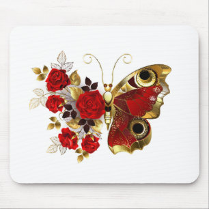 Tapis De Souris Papillon de fleurs rouges aux roses rouges