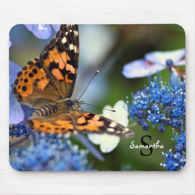 Tapis De Souris Papillon de la Dame peint sur une Hydrangée bleue (Devant)