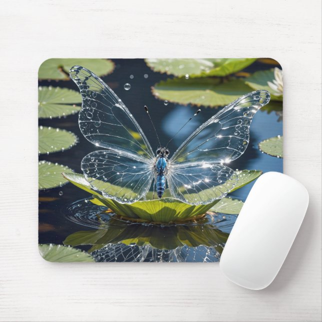 Tapis De Souris Papillon de verre sur feuille de nénuphar (Avec souris)