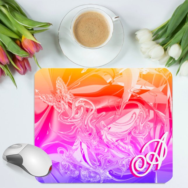 Tapis De Souris Papillon Doré Monogramme Rose Liquide Abstrait (Créateur téléchargé)
