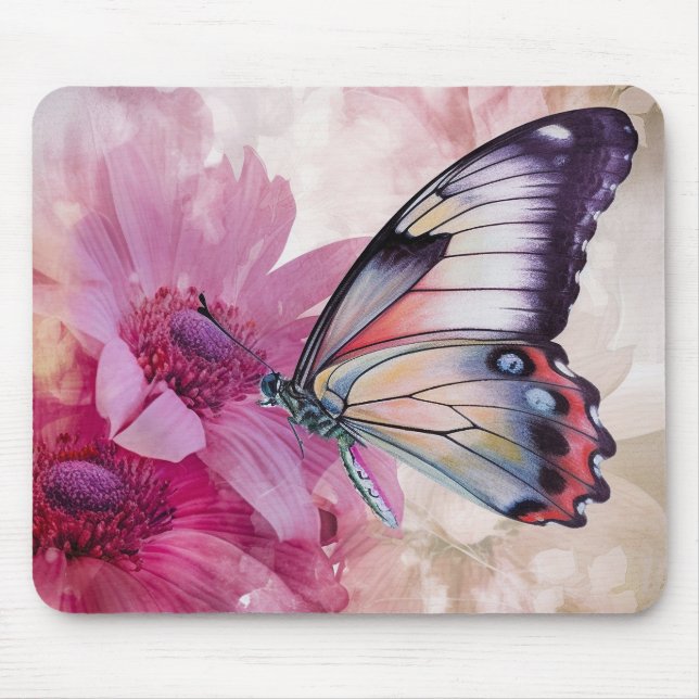 Tapis De Souris Papillon Dreamy aux fleurs roses (Devant)