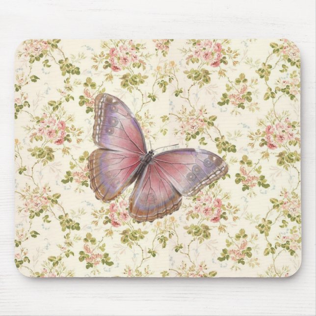 Tapis De Souris Papillon Floral Rose Shabby Chic (Devant)