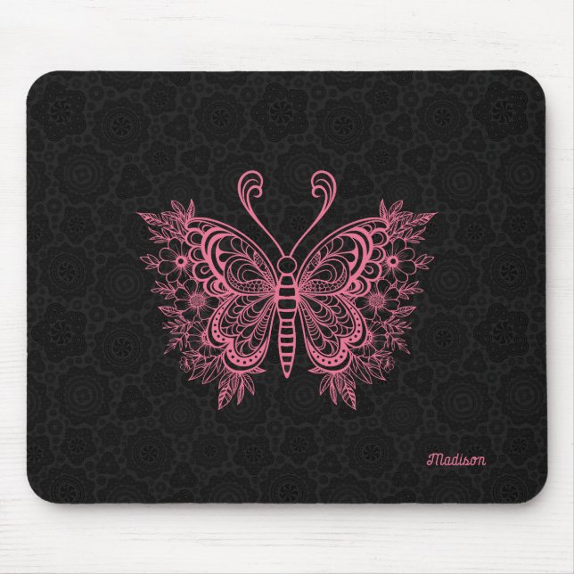 Tapis De Souris Papillon floral rose sur le noir (Devant)