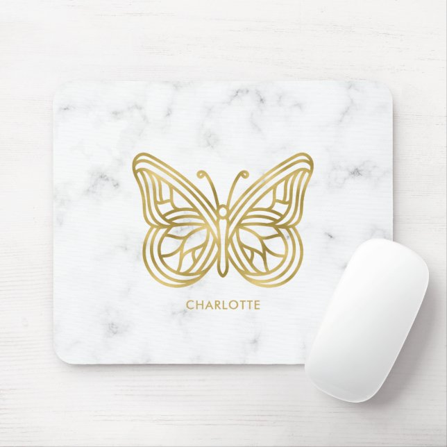 Tapis De Souris Papillon géométrique de Marbre blanc et d'or (Avec souris)
