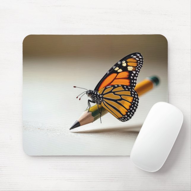 Tapis De Souris Papillon Monarque se reposant sur un crayon (Avec souris)