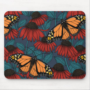 Tapis De Souris Papillon monarque sur des fleurs rouges