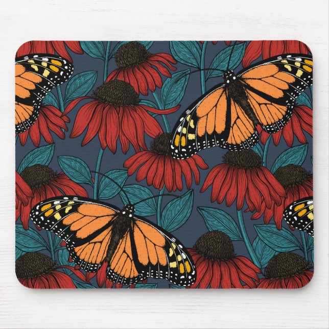 Tapis De Souris Papillon monarque sur des fleurs rouges (Devant)