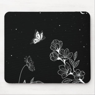 Tapis De Souris Papillon noir et blanc et fleurs à l'art nocturne