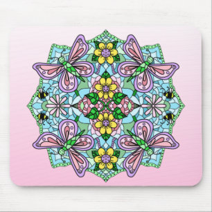 Tapis De Souris Papillon rose Mandala main Whimsical tiré