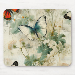 Tapis De Souris Papillon sarcelle rêveur de jardin de cottage flor