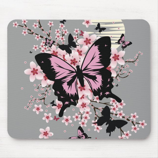 Tapis De Souris Papillons aux fleurs de cerisier (Devant)