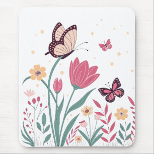 Tapis De Souris Papillons aux tulipes roses et marguerites jaunes