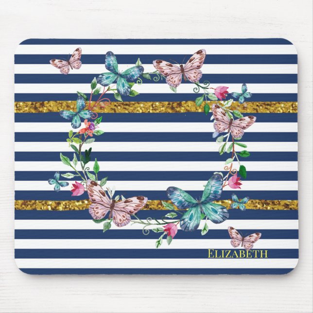Tapis De Souris Papillons Chic Moderne Féminin Rayures (Devant)