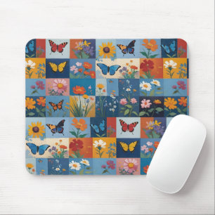 Tapis De Souris Papillons Colorés Et Fleurs Sauvages Patchwork