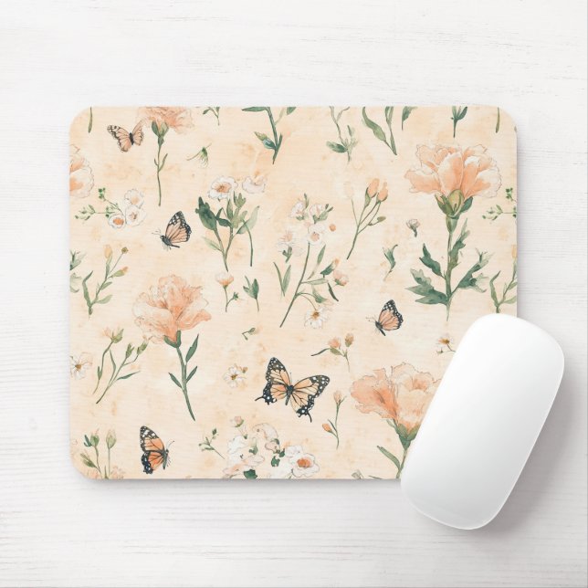 Tapis De Souris Papillons de pêche Floral (Avec souris)