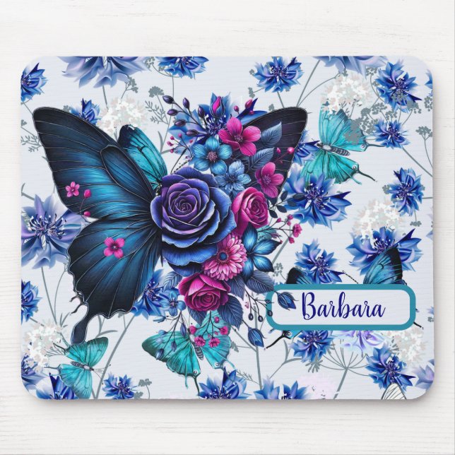 Tapis De Souris Papillons Et Fleurs Bleus Monogrammes (Devant)