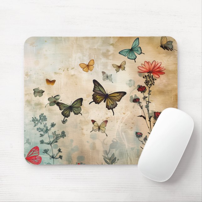 Tapis De Souris Papillons et fleurs de printemps (Avec souris)