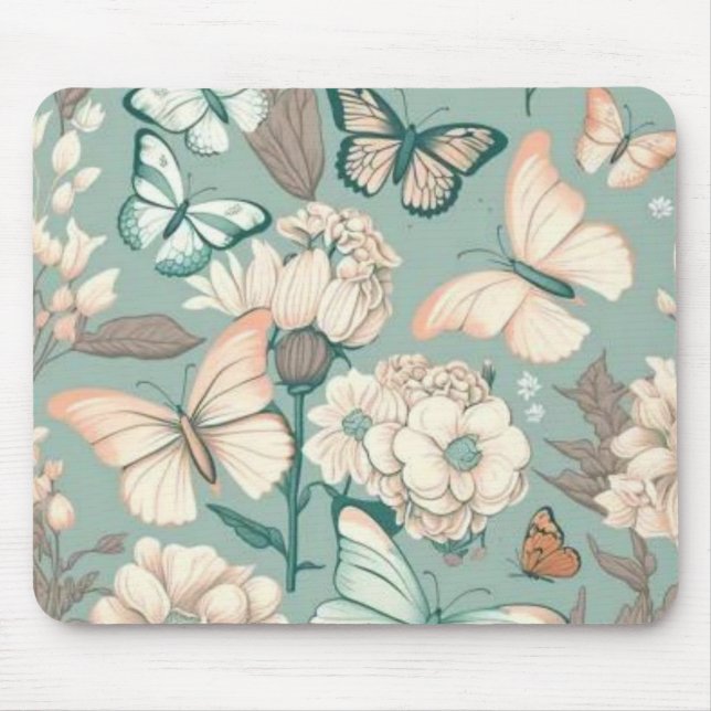 Tapis De Souris Papillons et fleurs vert clair déco (Devant)