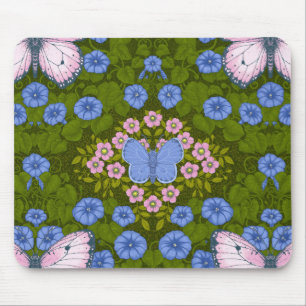 Tapis De Souris Papillons et symétrie des fleurs, bleu et rose