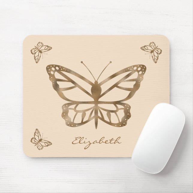 Tapis De Souris Papillons et texte de faux jaune doré aspect feuil (Avec souris)