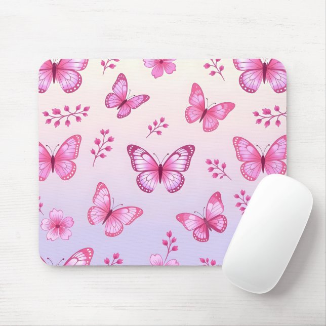 Tapis De Souris Papillons roses et motif de fleurs (Avec souris)