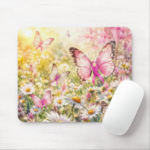 Tapis De Souris Papillons Ruban Rose dans un Champ Ensoleillé