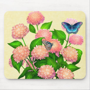 Tapis De Souris Papillons sur les hortensias roses Mousepad
