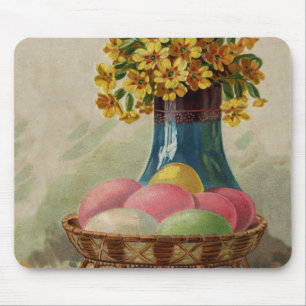 Tapis De Souris Pâques Panier Œufs Fleurs Antique