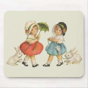 Tapis De Souris Pâques vintage Enfants Lapins Bonnets Antique