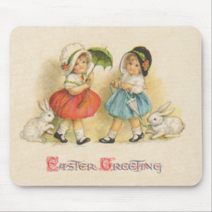 Tapis De Souris Pâques vintage Enfants Lapins Bonnets Antique