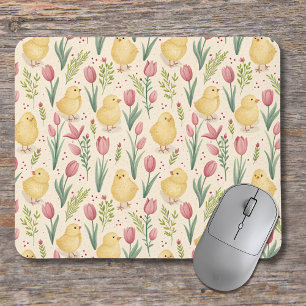 Tapis De Souris Pâques vintage poussins jaunes mignons tulipes rou