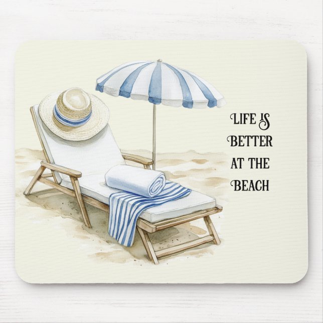 Tapis De Souris Parapluie de plage bleu blanc (Devant)