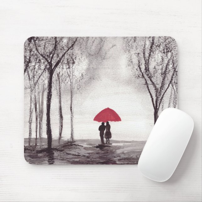 Tapis De Souris Parapluie rouge couple rustique romantique (Avec souris)