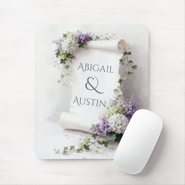 Tapis De Souris Parchemin Blanc de Mariage avec Hydrangeas et Lila (Avec souris)