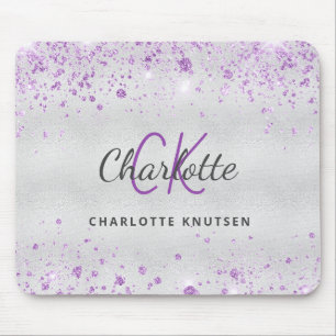 Tapis De Souris Parties scintillant argent monogramme violet nom m
