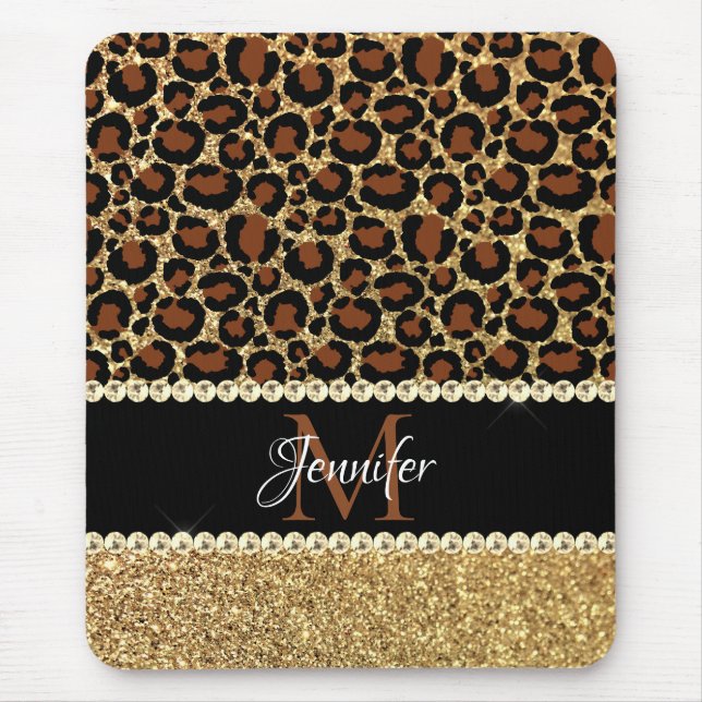 Tapis De Souris Parties scintillant d'or Leopard Girl Glam Monogra (Devant)