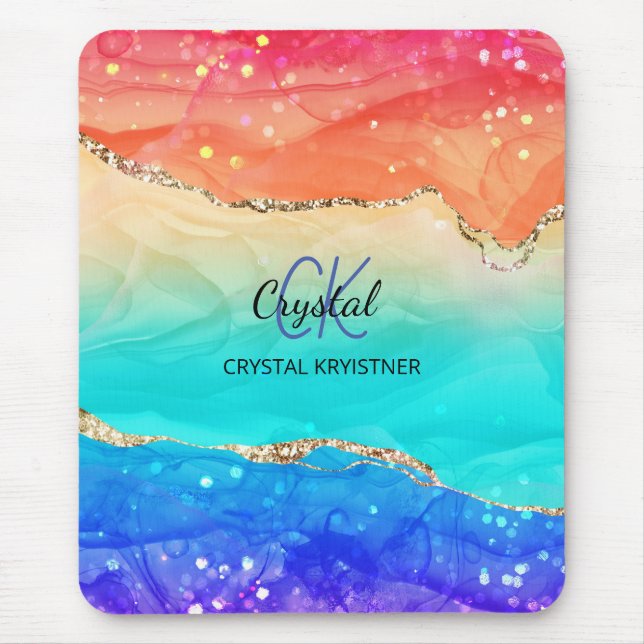 Tapis De Souris Parties scintillant moderne Rainbow Agate Monogram (Devant)