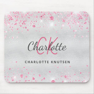 Tapis De Souris Parties scintillant rose argent nom monogramme mét