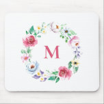 Tapis De Souris Pastel Aquarelle Fleurs de ressort Monogramme de c<br><div class="desc">Bousepad à thème fleuri printanier. Il présente une couronne d'aquarelle de fleurs bleues,  rousses,  roses et violettes. Personnalisez en ajoutant un monogramme. Cette mousepad monogramme de couronne fleurie est parfaite comme cadeau personnalisé.</div>