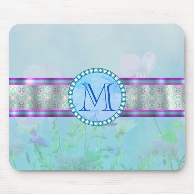 Tapis De Souris Pastel Blue Floral Monogramme (Devant)