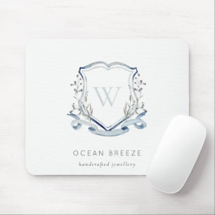 Tapis De Souris Pastel Blue Wildflower Watercolor Crest Monogram
