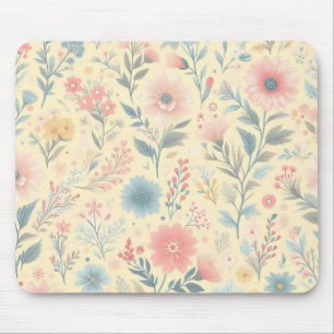 Tapis De Souris Pastel Floral rose & bleu sur jaune clair