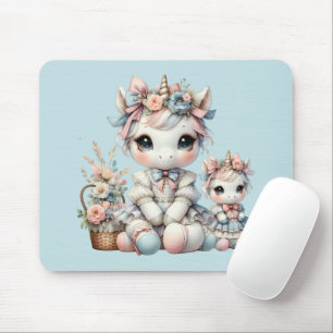 Tapis De Souris Pastel Kawaii Unicorne Mère fille Duo bleu