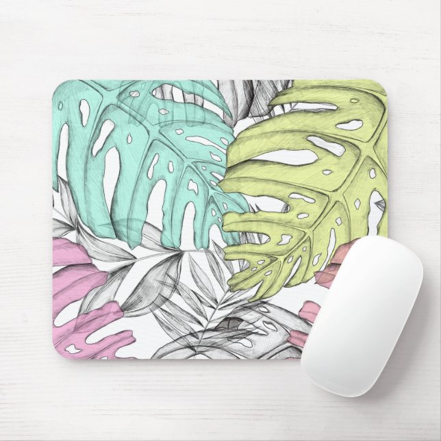 Tapis De Souris Pastel monstera feuille de palmier aquarelle tropi (Avec souris)
