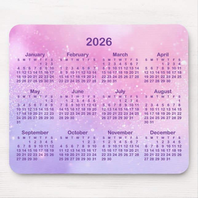 Tapis De Souris Pastel Pink Purple Glitter 2026 Calendar (Devant)