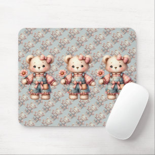 Tapis De Souris Pastel Teddy Bear Holding Flower Wear Overalls