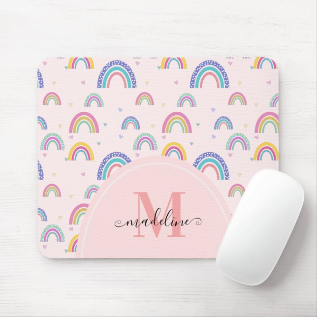 Tapis De Souris Pastel tendance Rainbow Heart élégant Monogramme (Avec souris)