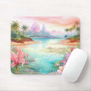 Tapis De Souris Pastel Tropical Island Beach Sunset Mountains