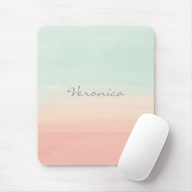 Tapis De Souris Pastel Watercolor Stripes Sea Glass and Peach Name (Avec souris)