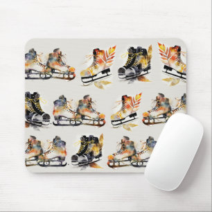 Tapis De Souris Patins à glace aquarelle avec motif de feuilles d'